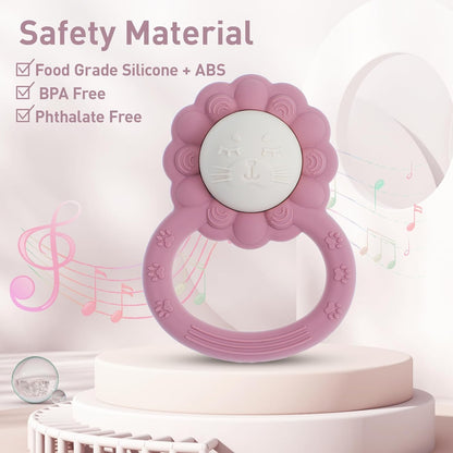 Rattle Teether, Lion Shape Montessori Baby Sensory Teething Toys, Food Grade Silicone BPA Free
