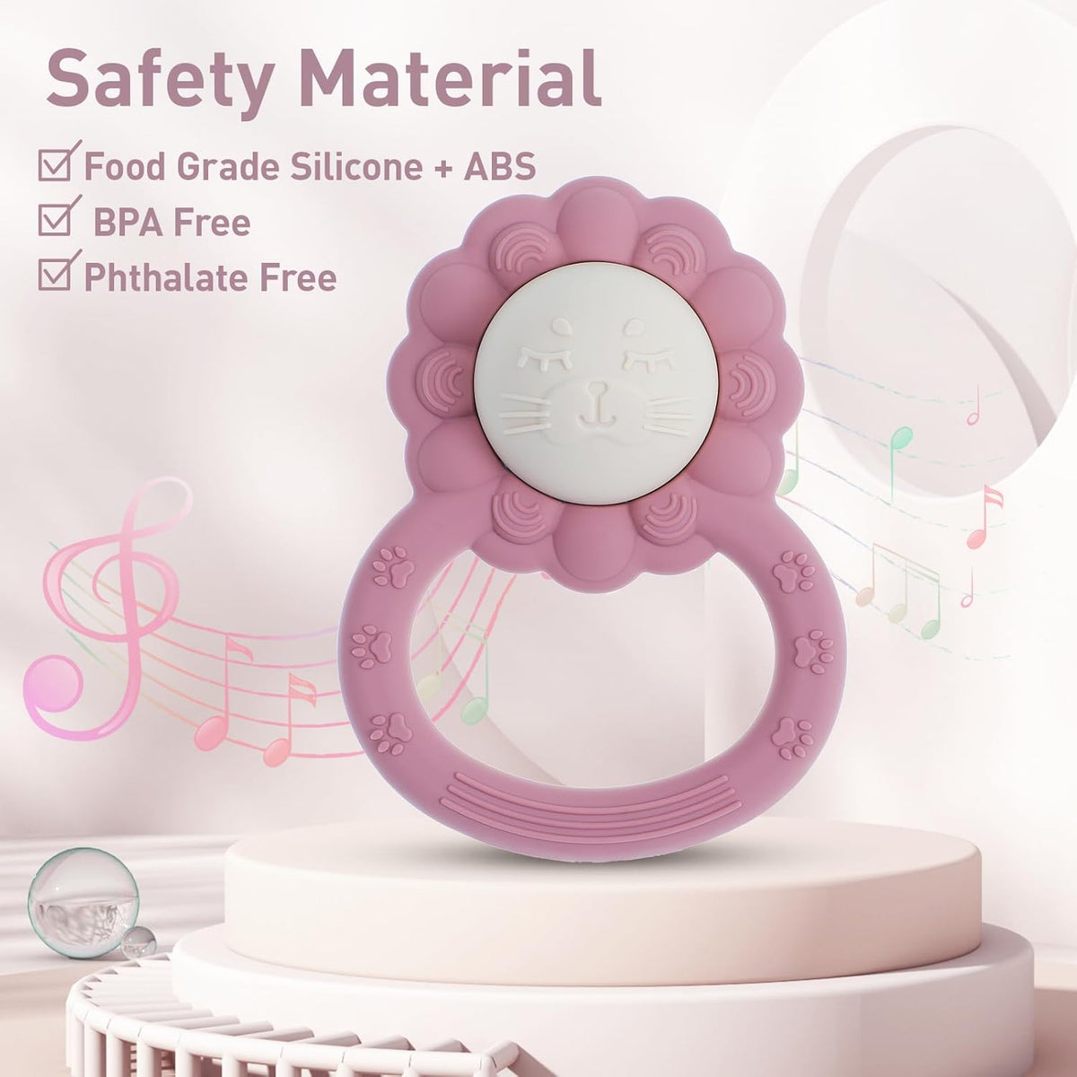 Rattle Teether, Lion Shape Montessori Baby Sensory Teething Toys, Food Grade Silicone BPA Free