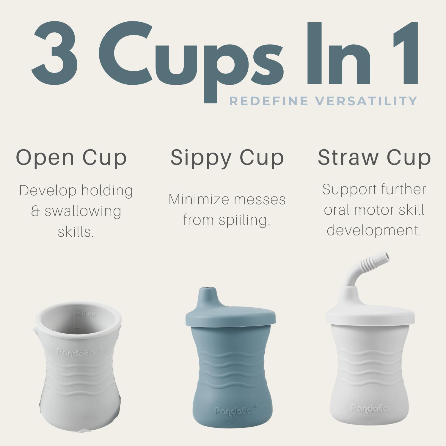 PandaEar Silicone Training Cup, 3 Pack Baby Drinking Sippy Cups with Straw for Baby and Toddler 6