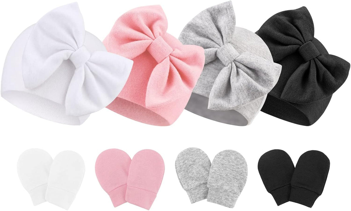 BQUBO Newborn Baby Hats Mittens Set Hospital Hat Beanie Infant Bow Hats Baby Gloves No Scratch