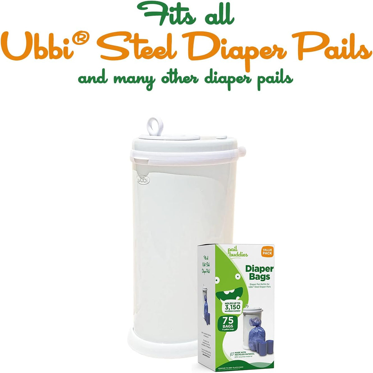 Pail Buddies Diaper Bags, 75 Count, Fresh Powder Scent, Compatible with Ubbi Diaper Pail, Made with