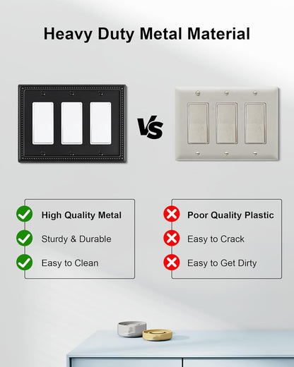 2-Pack Triple Decorator Outlet Cover Plate, Black Pearls Decorative Switch Plates and Outlet