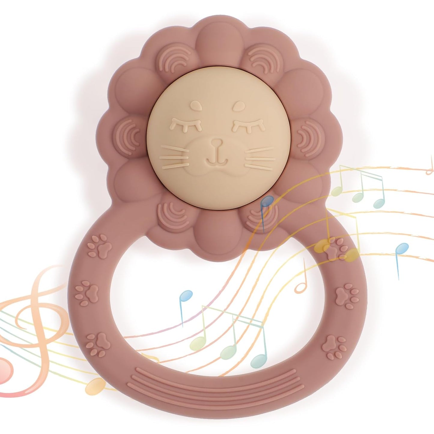 Rattle Teether, Lion Shape Montessori Baby Sensory Teething Toys, Food Grade Silicone BPA Free