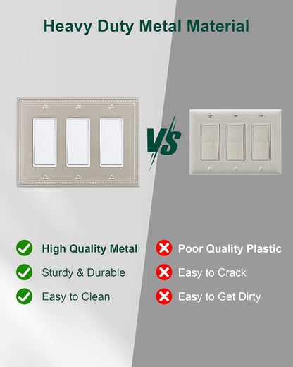 2-Pack Triple Decorator Outlet Cover Plate, Brushed Nickel Pearls Decorative Switch Plates and