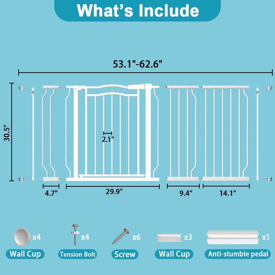 Extra Wide Baby Gate for Doorways 53.1"-62.6", Pressure Mounted Dog Gates With Door, Child Safety