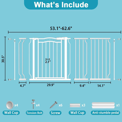 Extra Wide Baby Gate for Doorways 53.1"-62.6", Pressure Mounted Dog Gates With Door, Child Safety