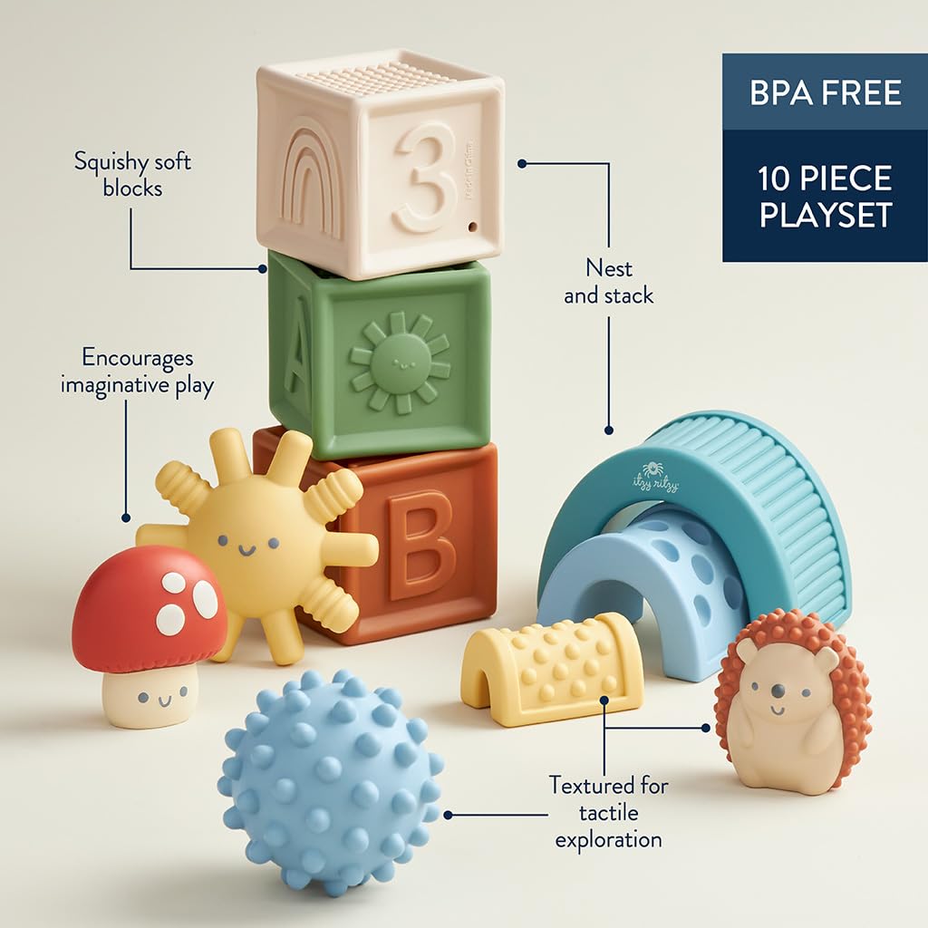 Itzy Ritzy Sensory Blocks Set, Baby Building Blocks 10-Piece, 0+ Months