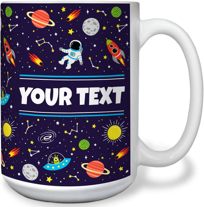 Personalized Mug for Kids - Outer Space - Custom Name/Text, Ceramic Hot Chocolate/Cocoa/Coffee Cup