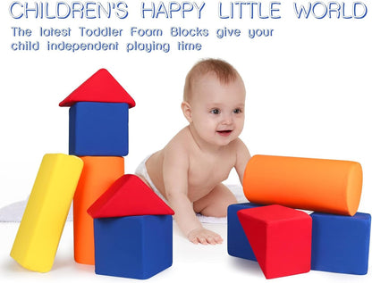 Toddler Foam Building Blocks, 12 PCS + 4 Kinds of Shapes Colourful Stacking Block Sets for Kids