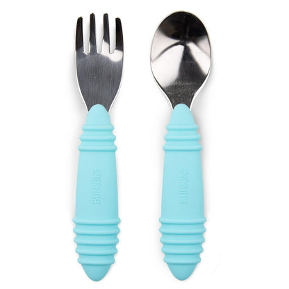 Bumkins Toddler Utensils, Kids Size Fork and Spoon Set, Silicone and Stainless-Steel Training