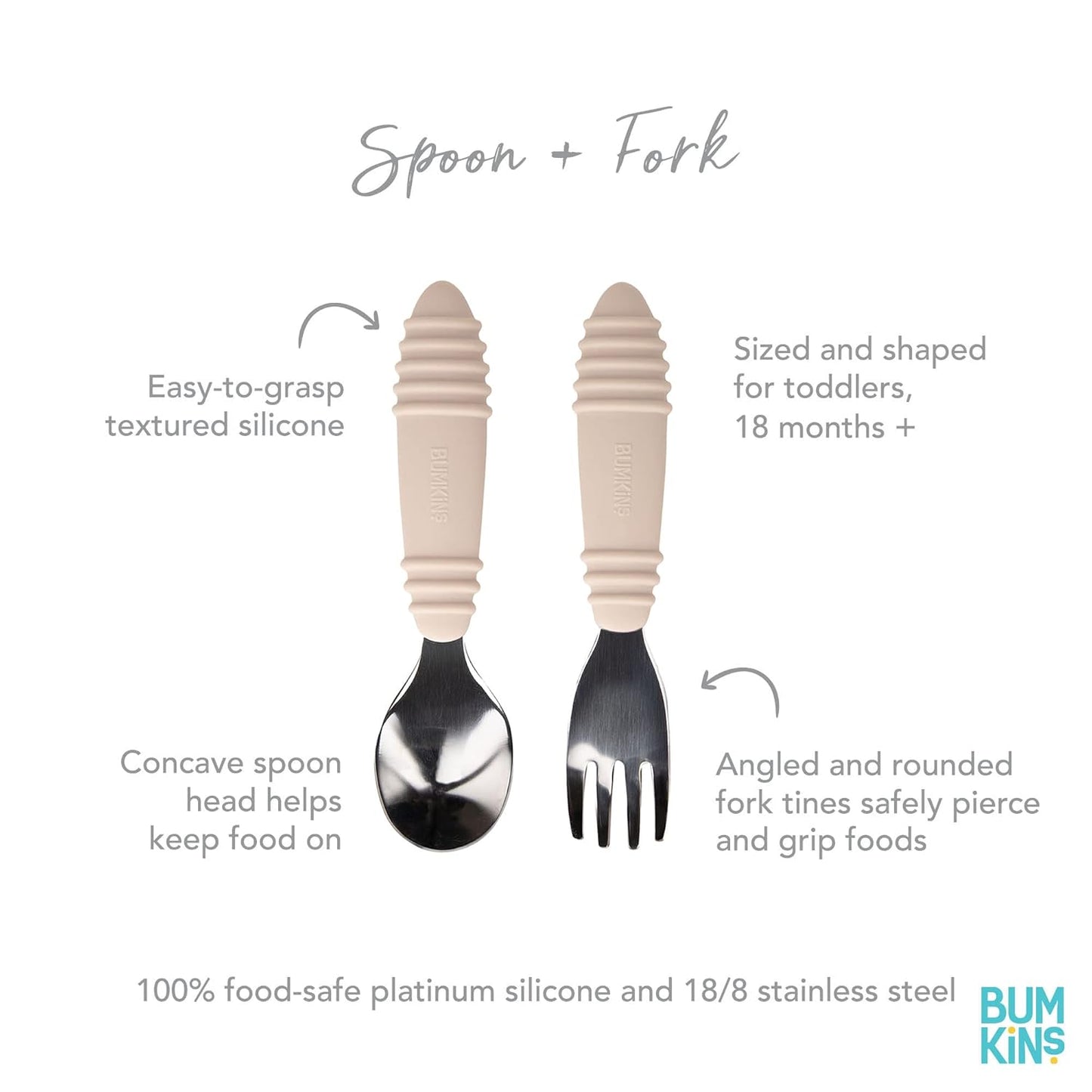 Bumkins Toddler Utensils, Kids Size Fork and Spoon Set, Silicone and Stainless-Steel Training