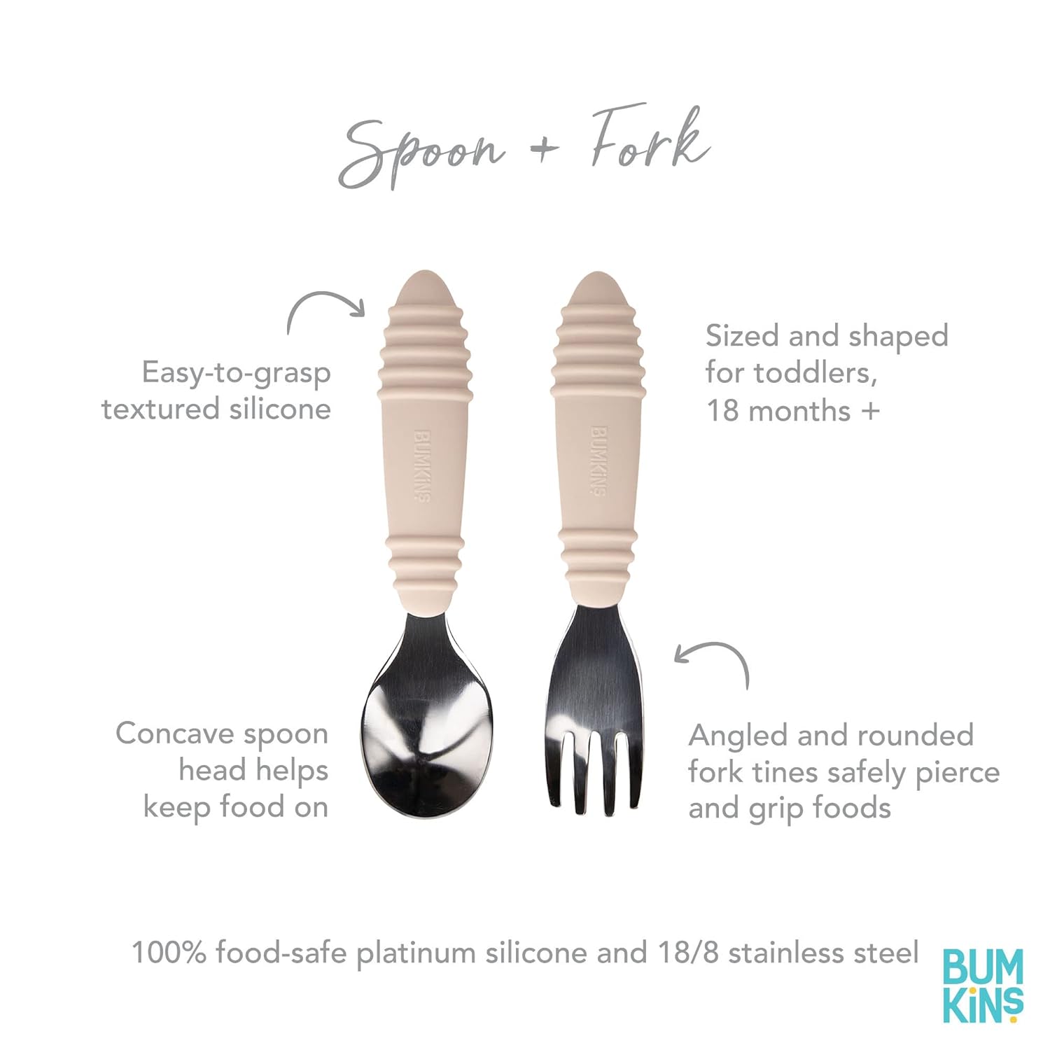 Bumkins Toddler Utensils, Kids Size Fork and Spoon Set, Silicone and Stainless-Steel Training