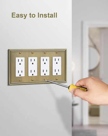 2-Pack Quad Decorator Cover Plate, Zinc Alloy Decorative Antique Brass Switch Plates and Outlet