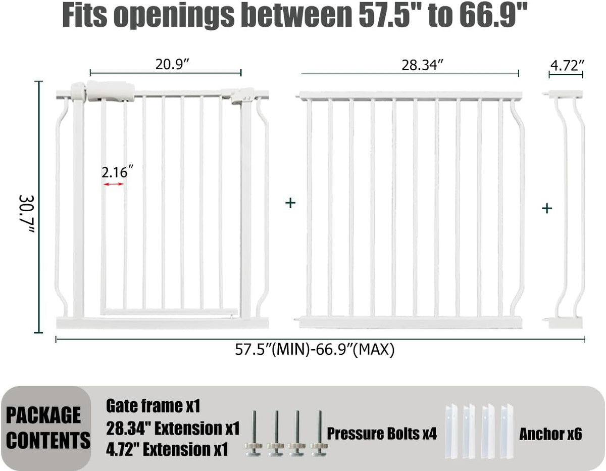 Extra Wide Baby Gate - 62-67 Inch Tension Mounted Safety Child & Pet Gate - White Metal - Walk