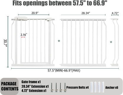 Extra Wide Baby Gate - 62-67 Inch Tension Mounted Safety Child & Pet Gate - White Metal - Walk