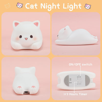 LOVERUIS Cute Night Light for Kids Cat Night-Light Baby Girl Squishy NightLight 1/3 Hour Timer