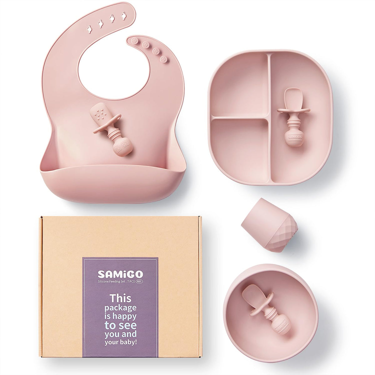 SAMiGO Silicone Baby Feeding Set, Baby Led Weaning Supplies, Suction Bowl Plate Bib Cup Self