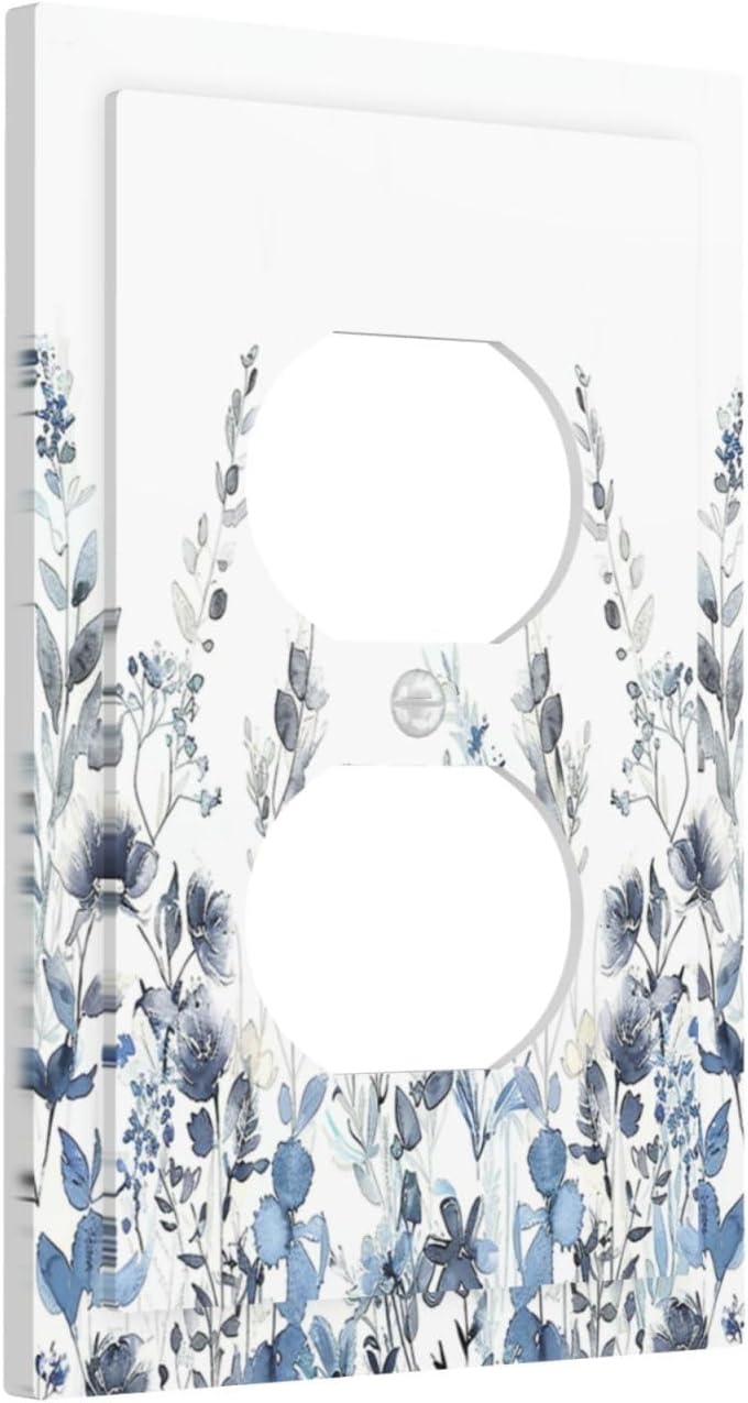 Outlet Covers Light Blue Watercolor Leaves Plant With Floral 1 Gang Duplex Wall Plate Decorative