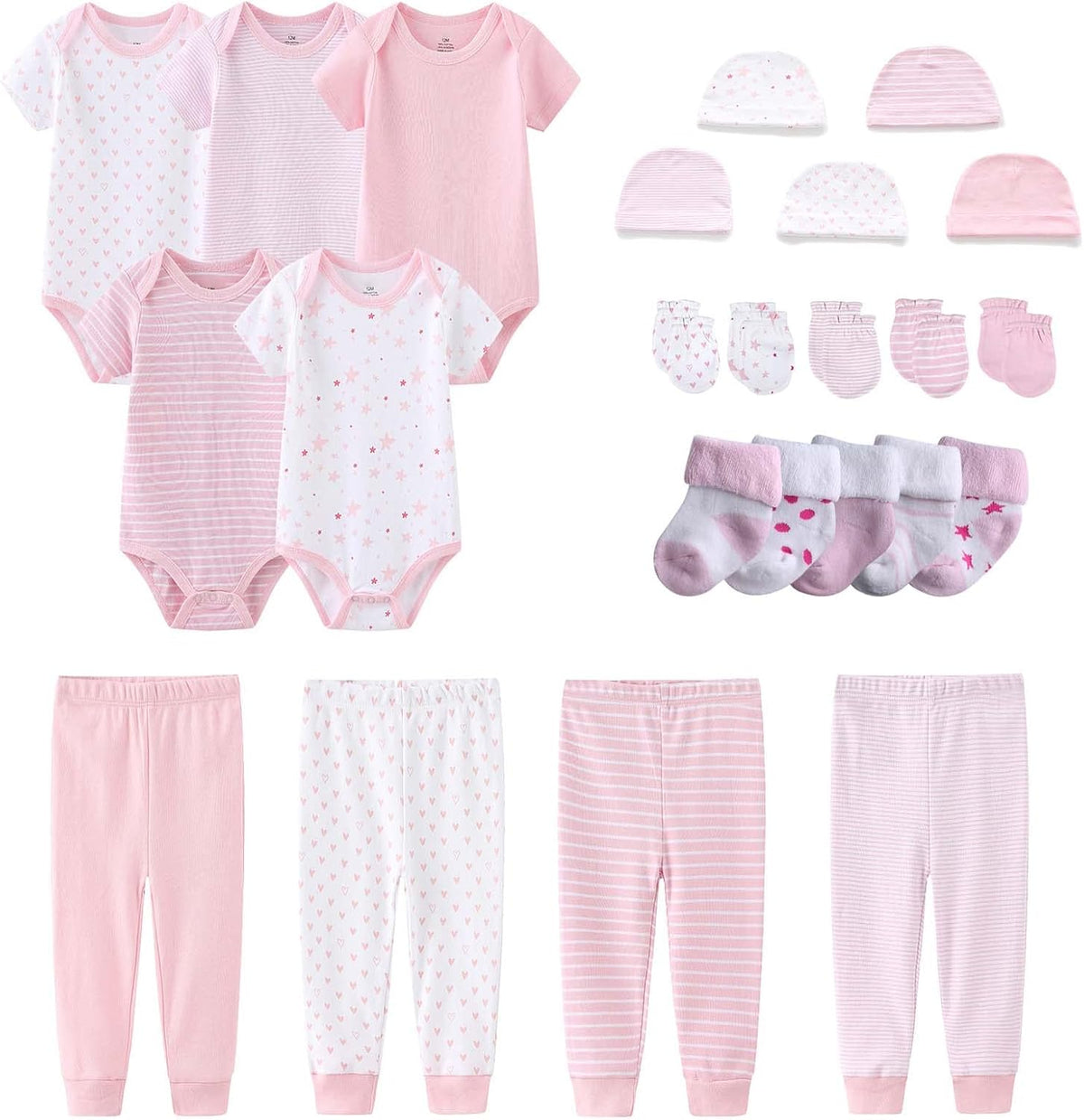 Newborn Layette Gift Set Bodysuits Pants for Baby Girl and Boy 24 Piece 100% Cotton Essentials and