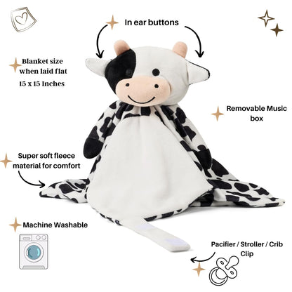 Love By Emi Baby Music Lovey Black & White Cow, Baby Sleep Soother for Crib & Cuddle Bedtime, White