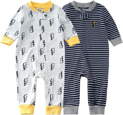 Teach Leanbh Baby 2-Pack Footless Pajamas Cotton Long Sleeve Printing 2 Way Zipper Romper Jumpsuit