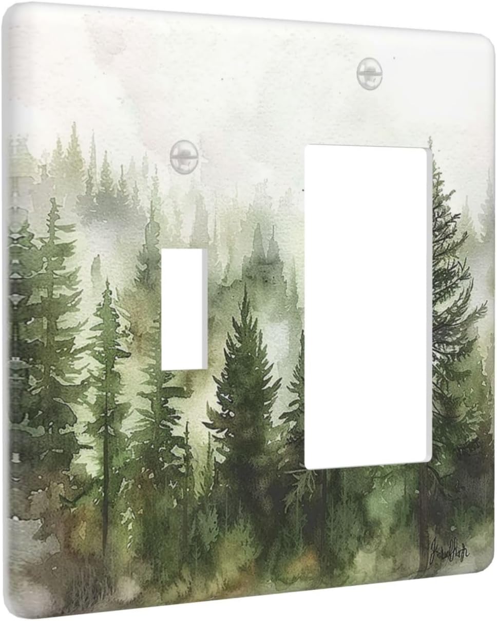 Outlet Covers Green Forest Watercolor Painting Foggy Pine 1 Toggle 1 Rocker Combination Decorative