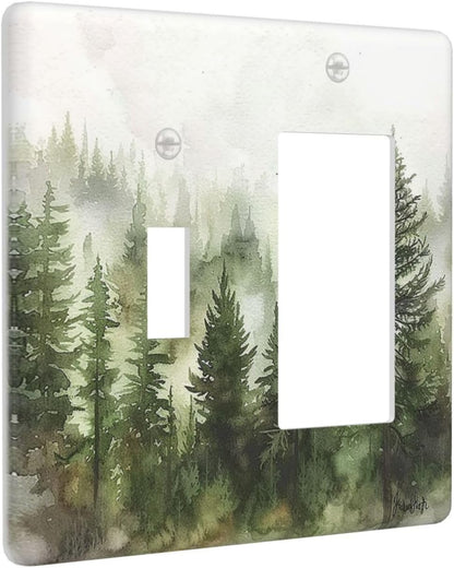 Outlet Covers Green Forest Watercolor Painting Foggy Pine 1 Toggle 1 Rocker Combination Decorative