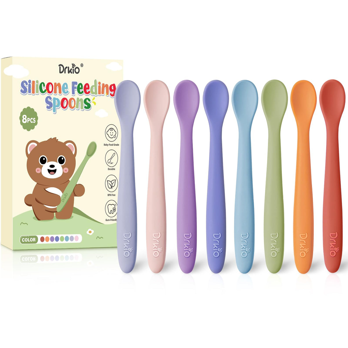 DRKIO 8 Pcs Silicone Baby Spoons Infant Utensils for First Stage Feeding