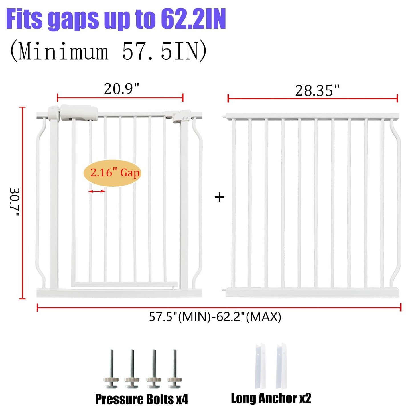 Extra Wide Baby Gates 57.5-62 Inch, Large Metal Safety Gate for Stairs, Doorways - No Drilling