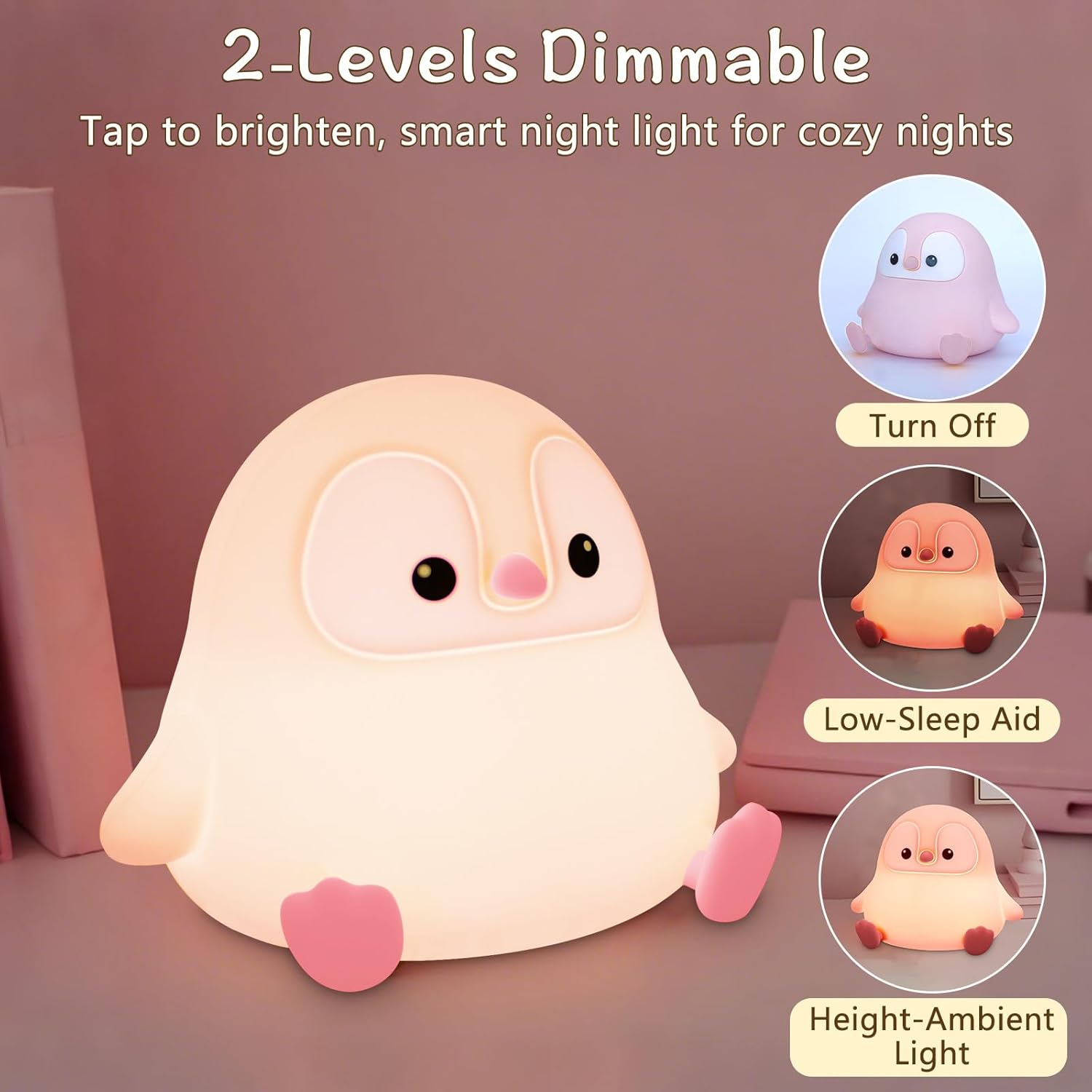 Penguin Night Light for Kids,Cute Pink Penguin Touch Lamp,Soft Silicone Nursery Nightlight,LED