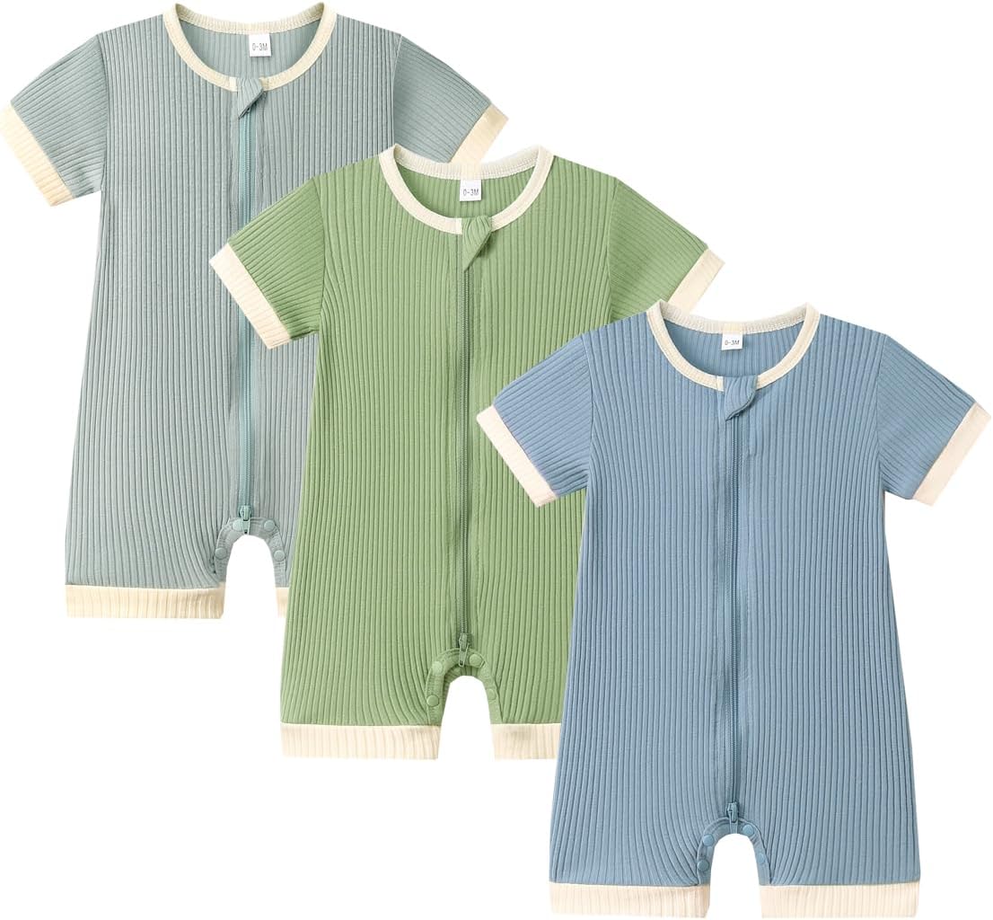 Bafeicao Unisex Baby Boy Girl 2 Pack Rompers Short Sleeve 2 Way Zipper One Piece Jumpsuits Clothes