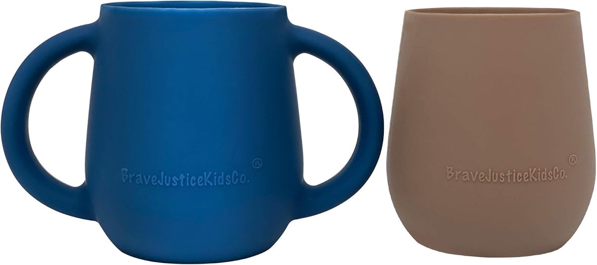 | Teenie Tiny™ Silicone Developmental Baby-Led Weaning Drinking Cups (2 pack) (Warm Taupe and Blue