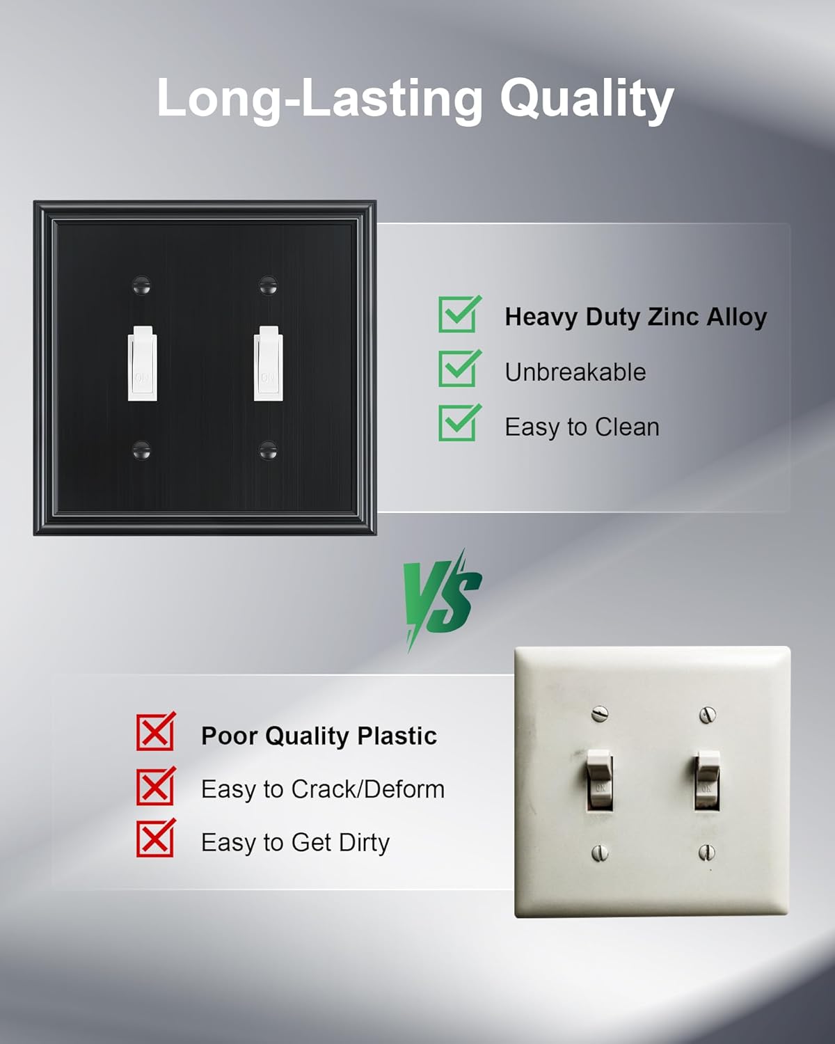 2-Pack Double Toggle Light Switch Cover Plate, Durable Solid Zinc Alloy Decorative Dual Switch