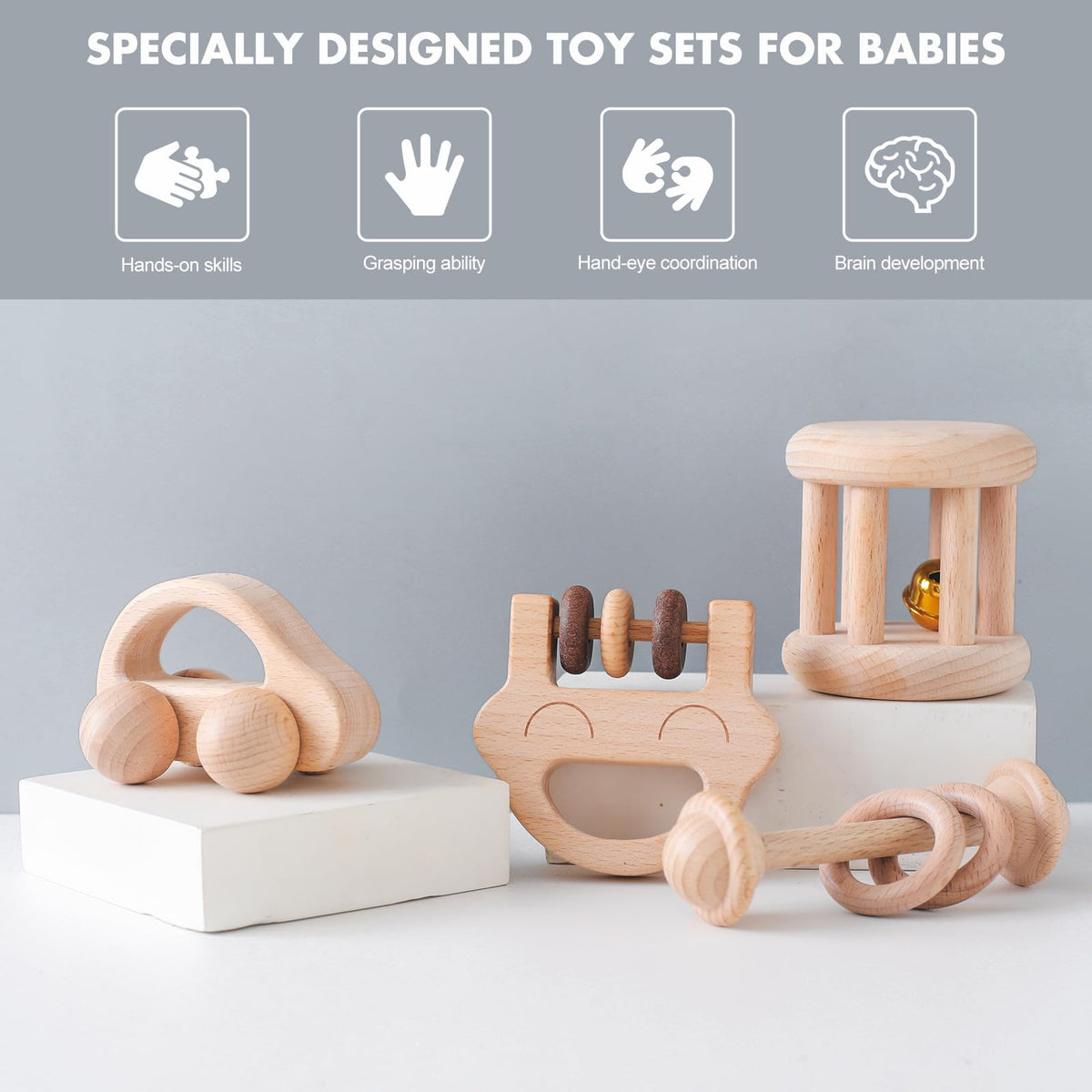 Chriswell Wooden Baby Rattle Set, Newborn Wooden Rattle Toy, Natural Wooden Montessori Baby Grip