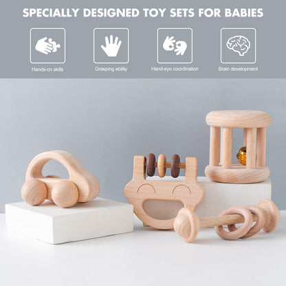 Chriswell Wooden Baby Rattle Set, Newborn Wooden Rattle Toy, Natural Wooden Montessori Baby Grip