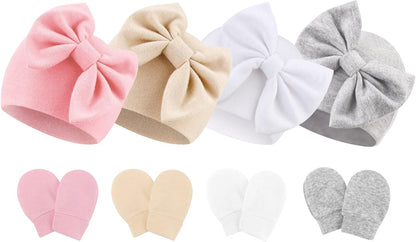 BQUBO Newborn Baby Hats Mittens Set Hospital Hat Beanie Infant Bow Hats Baby Gloves No Scratch