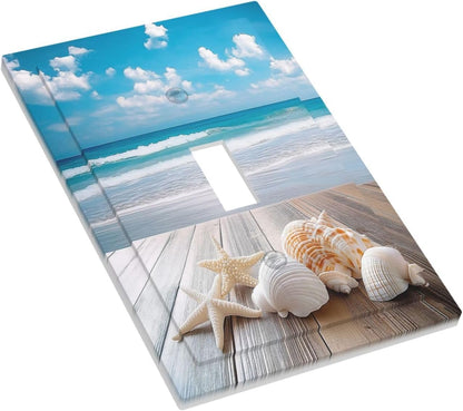 Decorative Light Switch Cover Beach Waves Brown Wood Starfish Shells 1 Gang Single Toggle Device