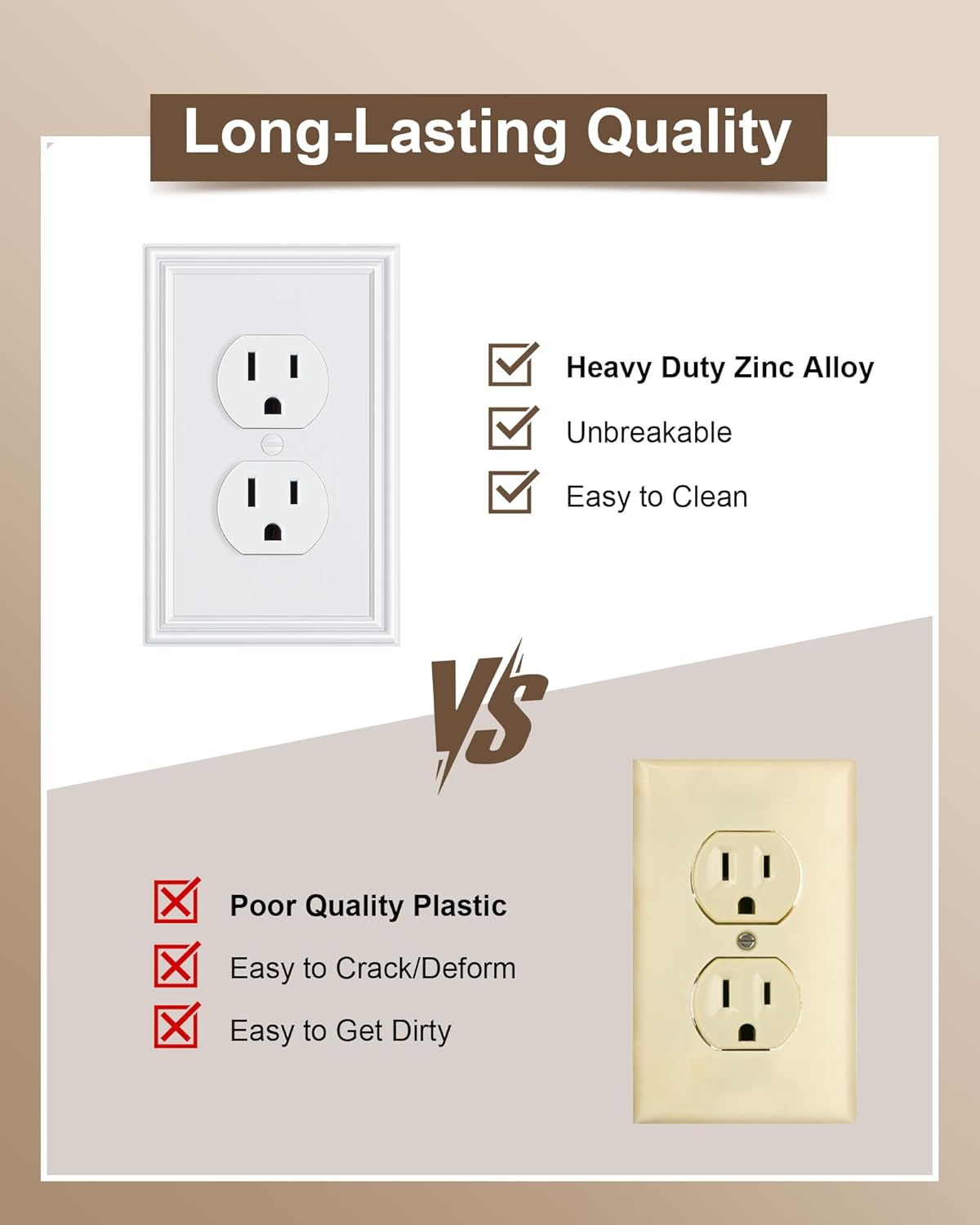 6-Pack Single Duplex Outlet Cover Plate, Decorative White Switch Plates and Outlet Covers, Metal