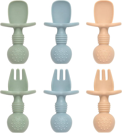 Baby Spoons and Forks Feeding Set, 6 Pack Silicone First Stage Self Feeding Toddler Utensils, BPA