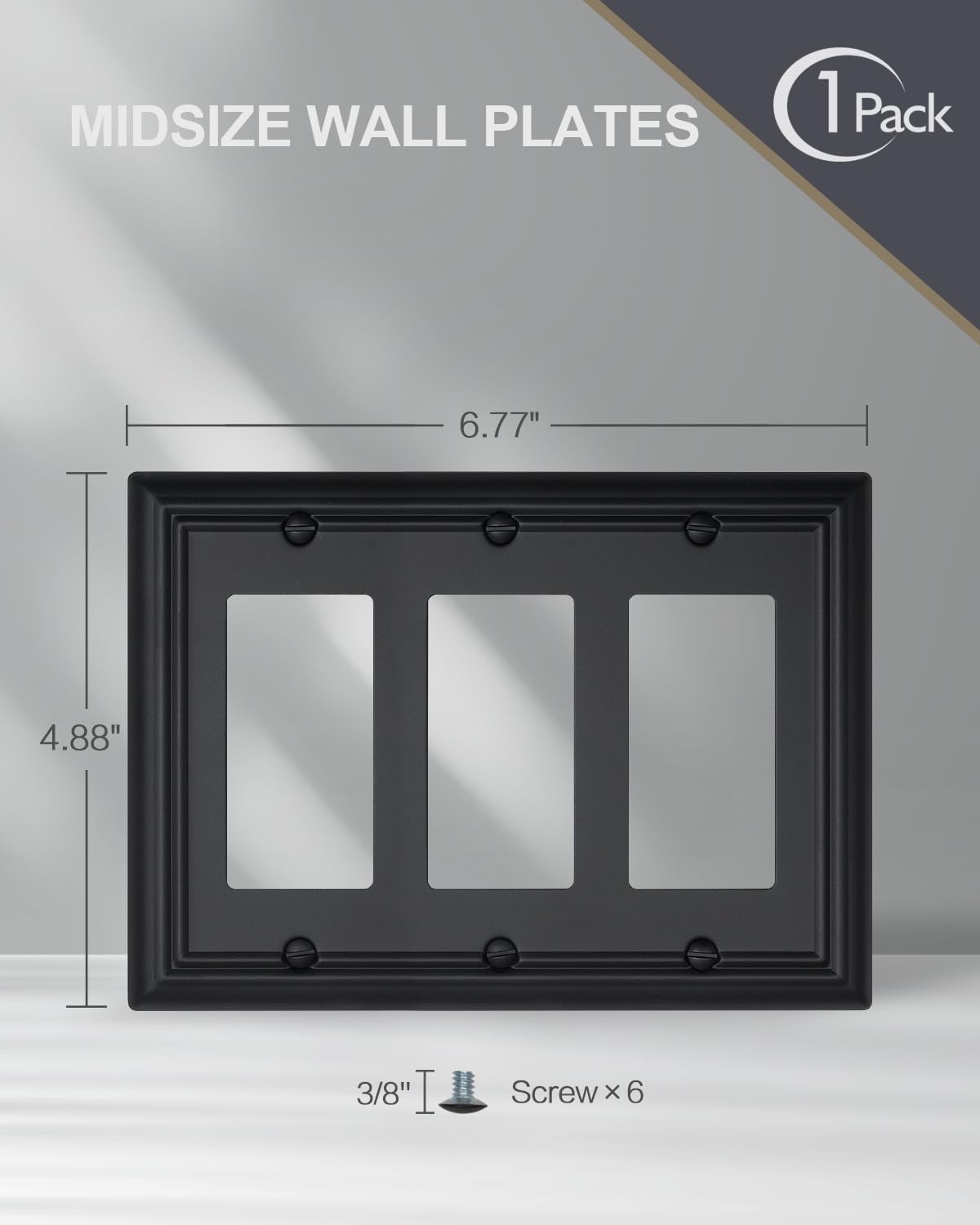 1-Pack Black Triple Decorator Outlet Covers, 3 Gang Wall Plates for Receptacle, GFCI Outlet, Dimmer