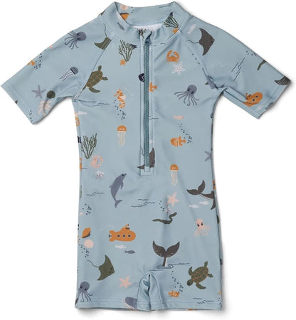 Boys One Piece Swimsuit Whale Dolphin Bathing Suit Zipper Rash Guard Kid Short Sleeve Swimwear