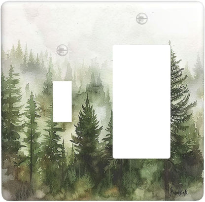 Outlet Covers Green Forest Watercolor Painting Foggy Pine 1 Toggle 1 Rocker Combination Decorative