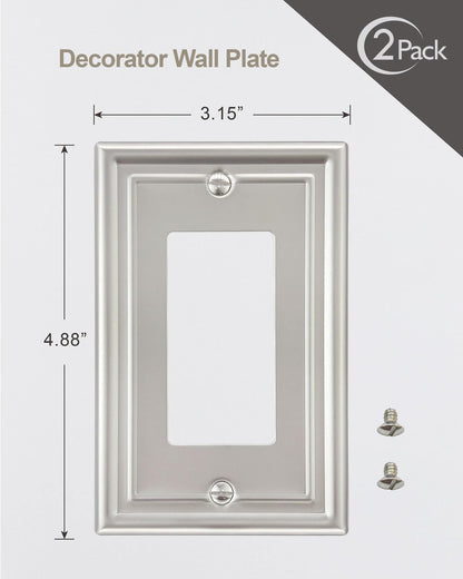 2-Pack Decorator Wall Plate, Satin Nickel Electrical Outlet Cover Plate for Receptacle, Dimmer