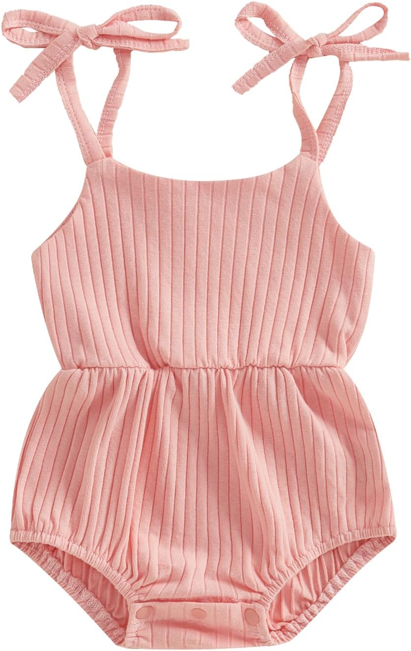 Newborn Infant Baby Girl Romper Ribbed Knit Sleeveless Spaghetti Strap One Piece Jumpsuit Bodysuit
