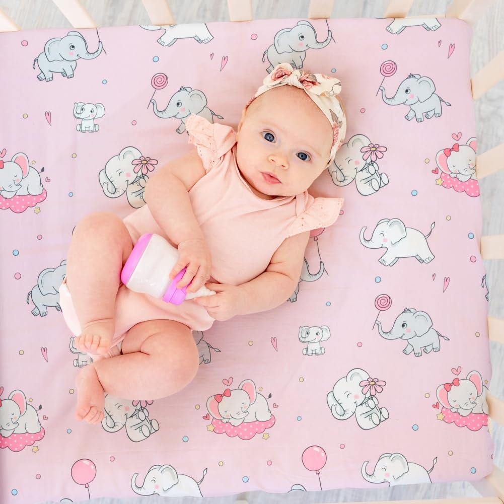 4 Pack Baby Girl Pack N Play Mini Crib Sheets Set Soft Fitted Elephant Theme Baby Girl Mattress