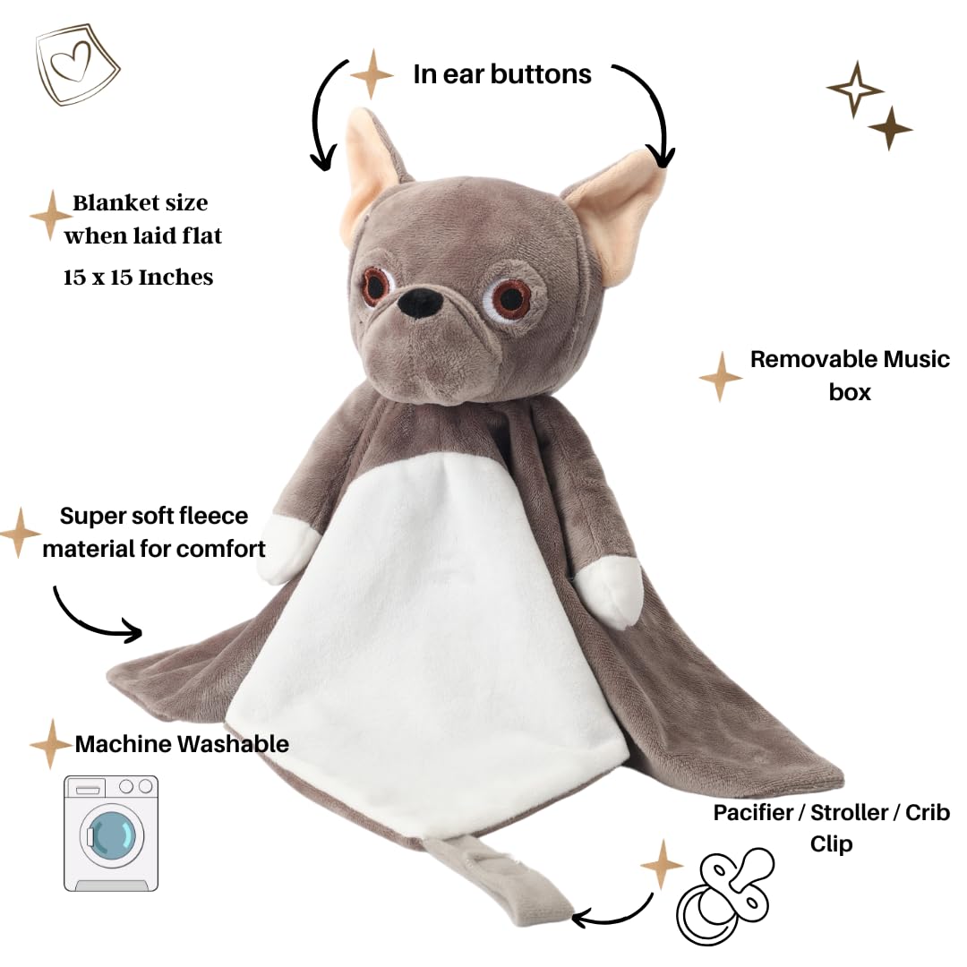 Love By Emi Baby Music Lovey Brown Bulldog, Baby Sleep Soother for Crib & Cuddle Bedtime, White