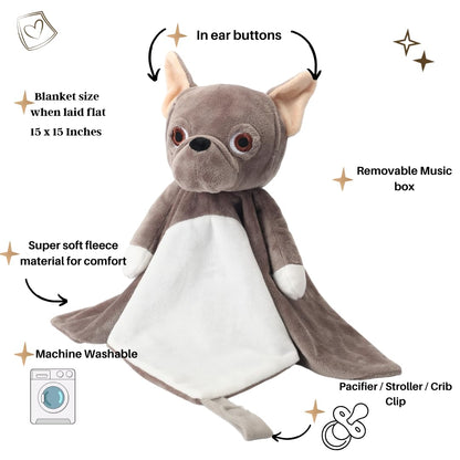 Love By Emi Baby Music Lovey Brown Bulldog, Baby Sleep Soother for Crib & Cuddle Bedtime, White