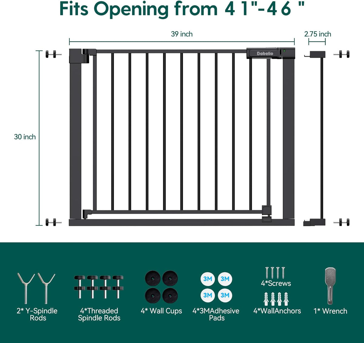 BABELIO Baby Gate for Doorways and Stairs, 41-46" Pet Gate with Wide Walk Thru Door and Lock