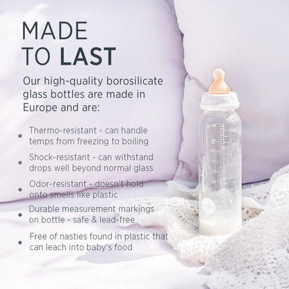 HEVEA Standard Neck Glass Baby Bottles - Natural Rubber Slow Flow Nipples - Anti Colic Baby Bottles