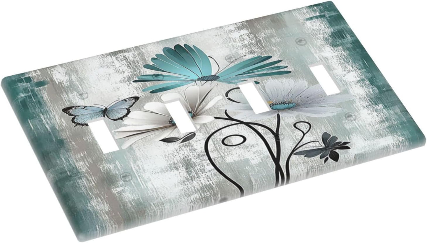Light Switch Covers Rustic Teal Daisy Floral Flowers Butterfly Wood Grain Quad Toggle Electrical